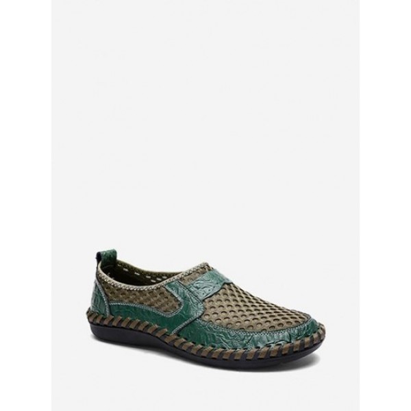 Men Mesh And Cowhide Spliced Slip On Cas...