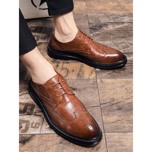 Wingtip Details Lace-up Breathable Faux Leather Shoes