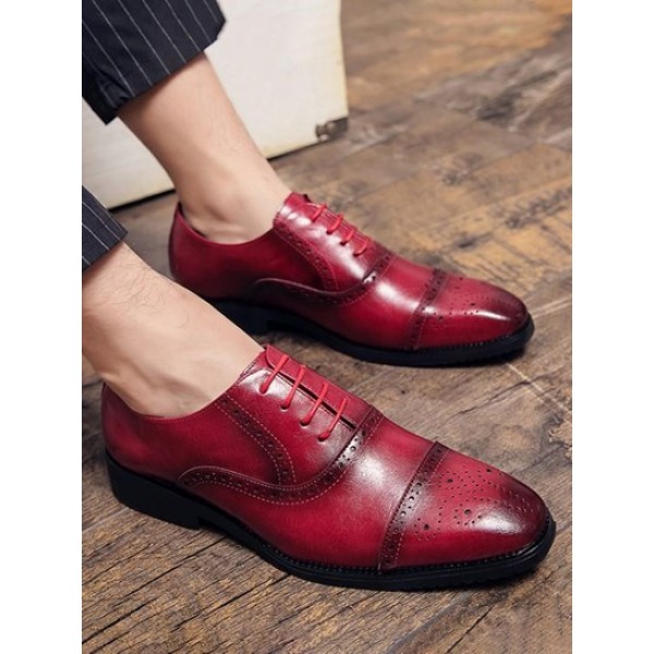 Hollow Out Wingtip Detail Lace -up Faux Leather Shoes