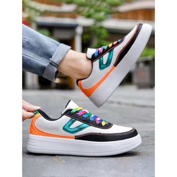 Colorful Lace Up Front Chunky Heel Skate Shoes