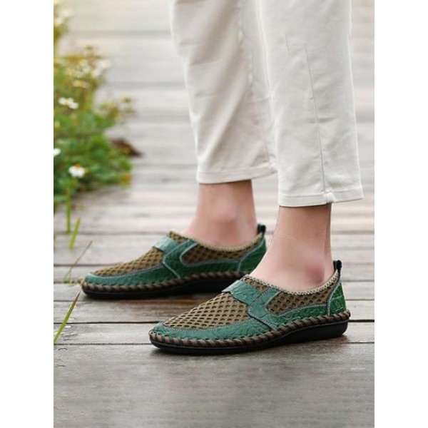 Men Mesh And Cowhide Spliced Slip On Casual Shoes