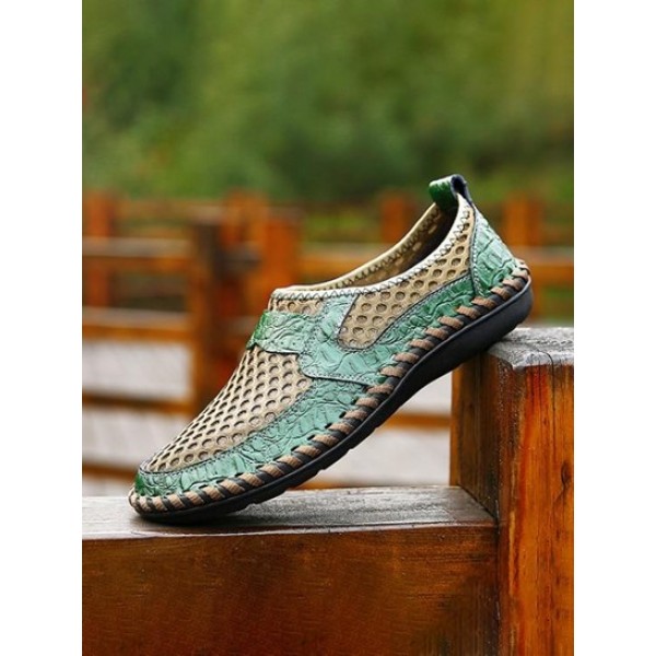 Men Mesh And Cowhide Spliced Slip On Casual Shoes